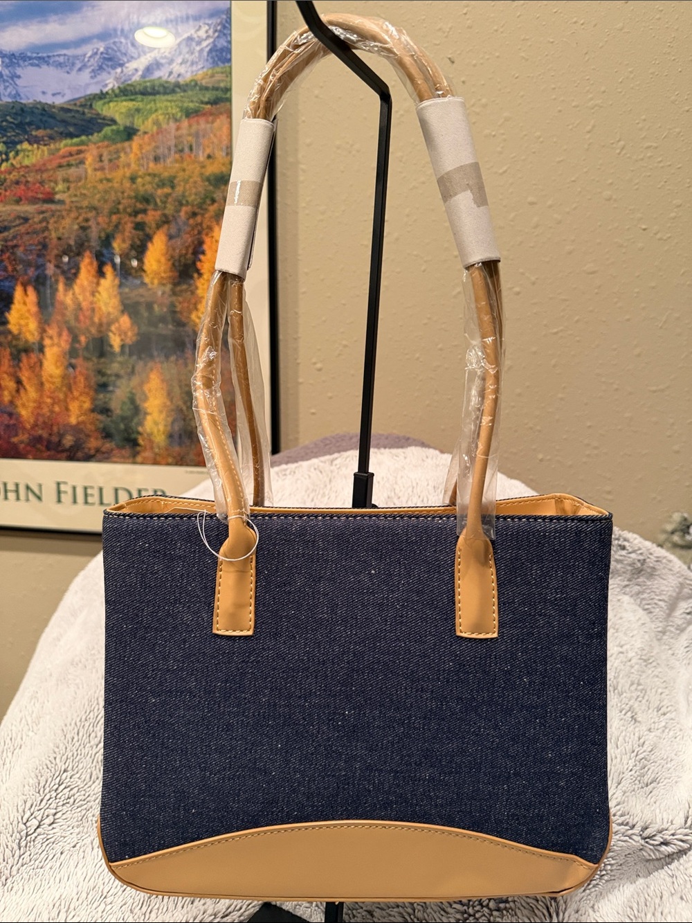 Structured Navy Denim Tote with Tan Trim
